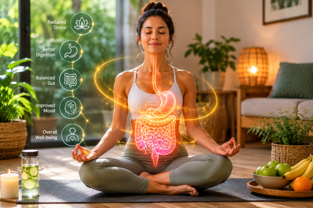 Meditation and stress management supporting gut health and mental wellness.