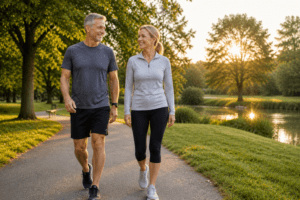Middle-aged couple walking outdoors to support healthy joints and mobility