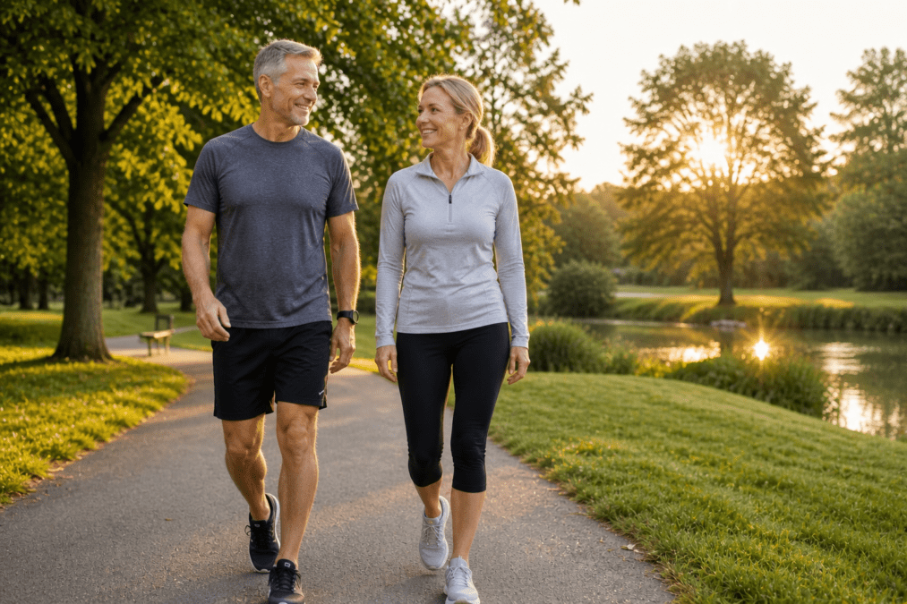 Middle-aged couple walking outdoors to support healthy joints and mobility