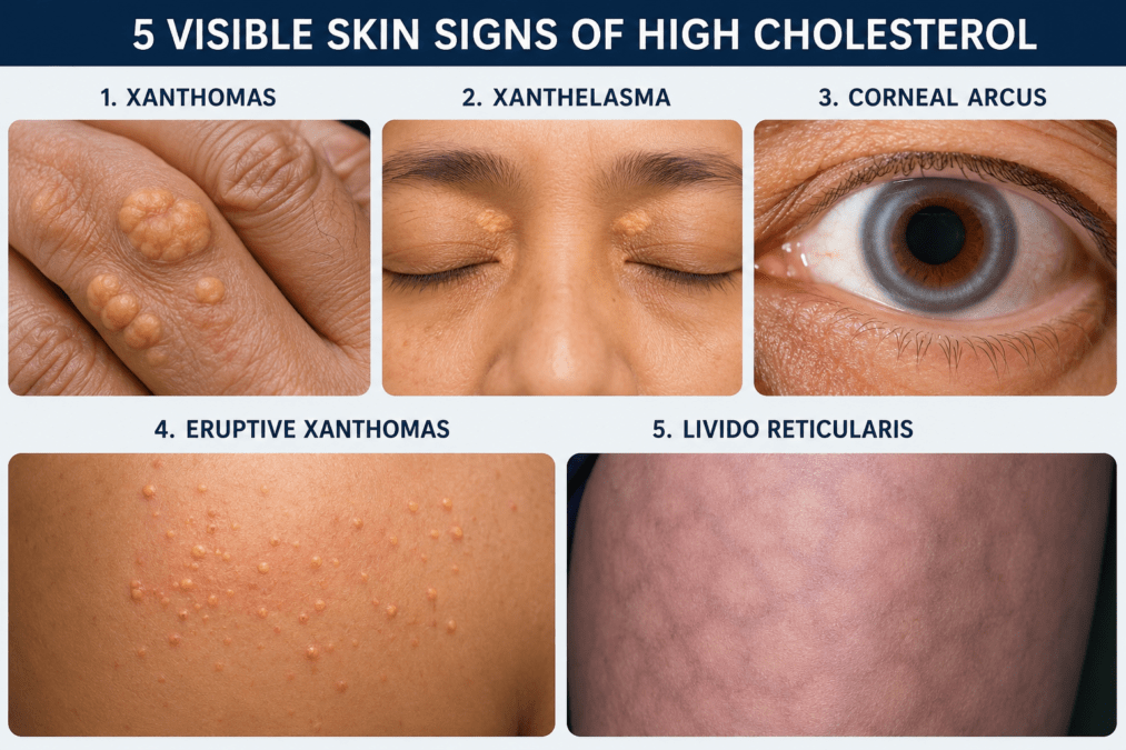 Five visible skin signs of high cholesterol including yellow deposits, eyelid plaques, eye ring, and rash-like bumps.