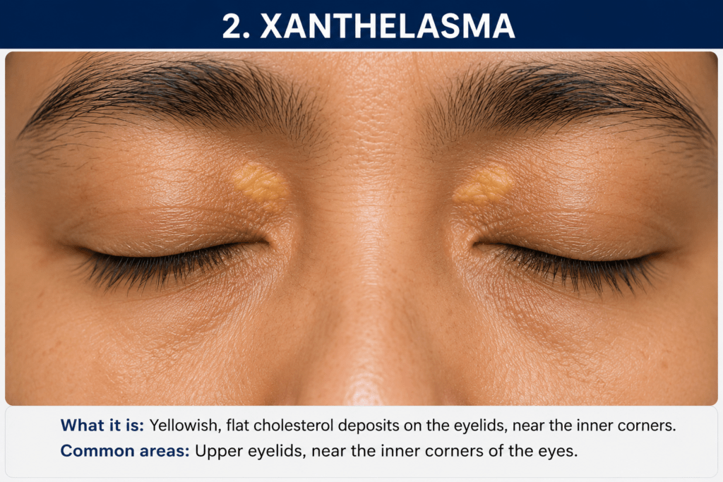 Yellowish flat cholesterol deposits on the eyelids, near inner corners