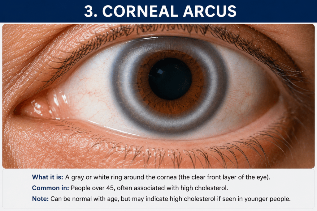 A Gray or white ring around the cornea, the clear front layer of the eye