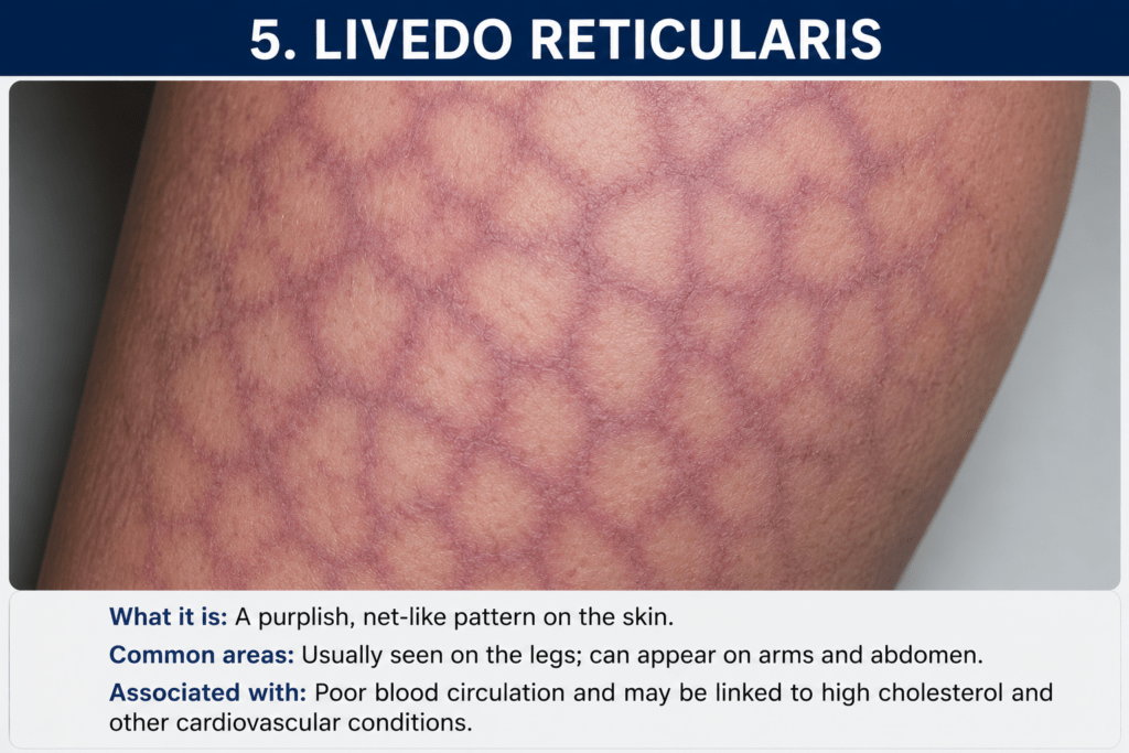 A purplish, net-like pattern on skin.