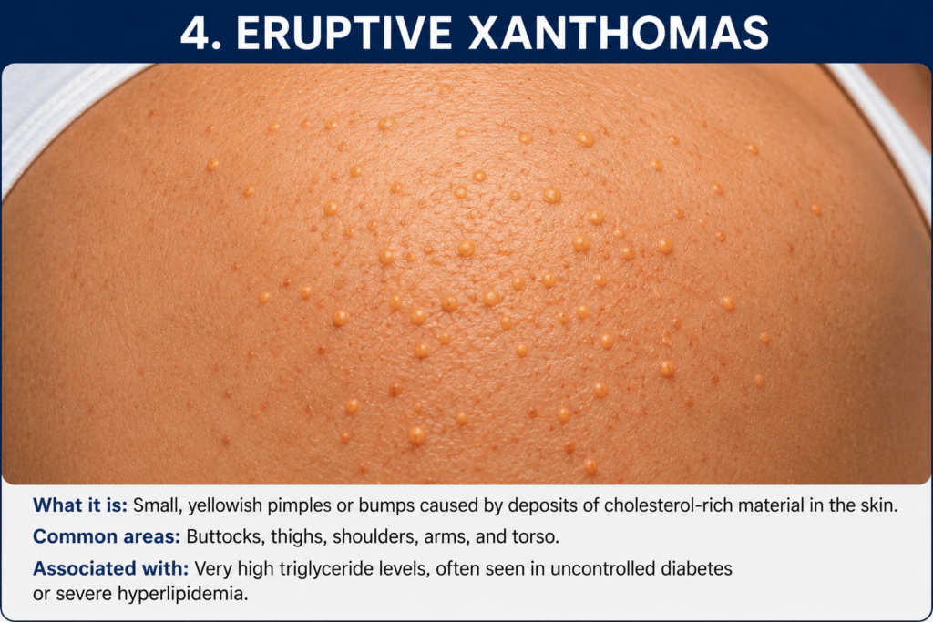 Small yellowish pimples or bumps caused by deposits of cholesterol-rich material in the skin