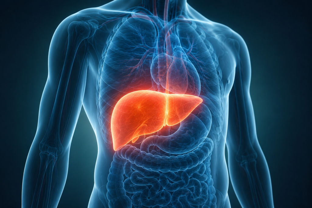 Liver cleanse: Healthy human liver anatomy illustration showing liver wellness.